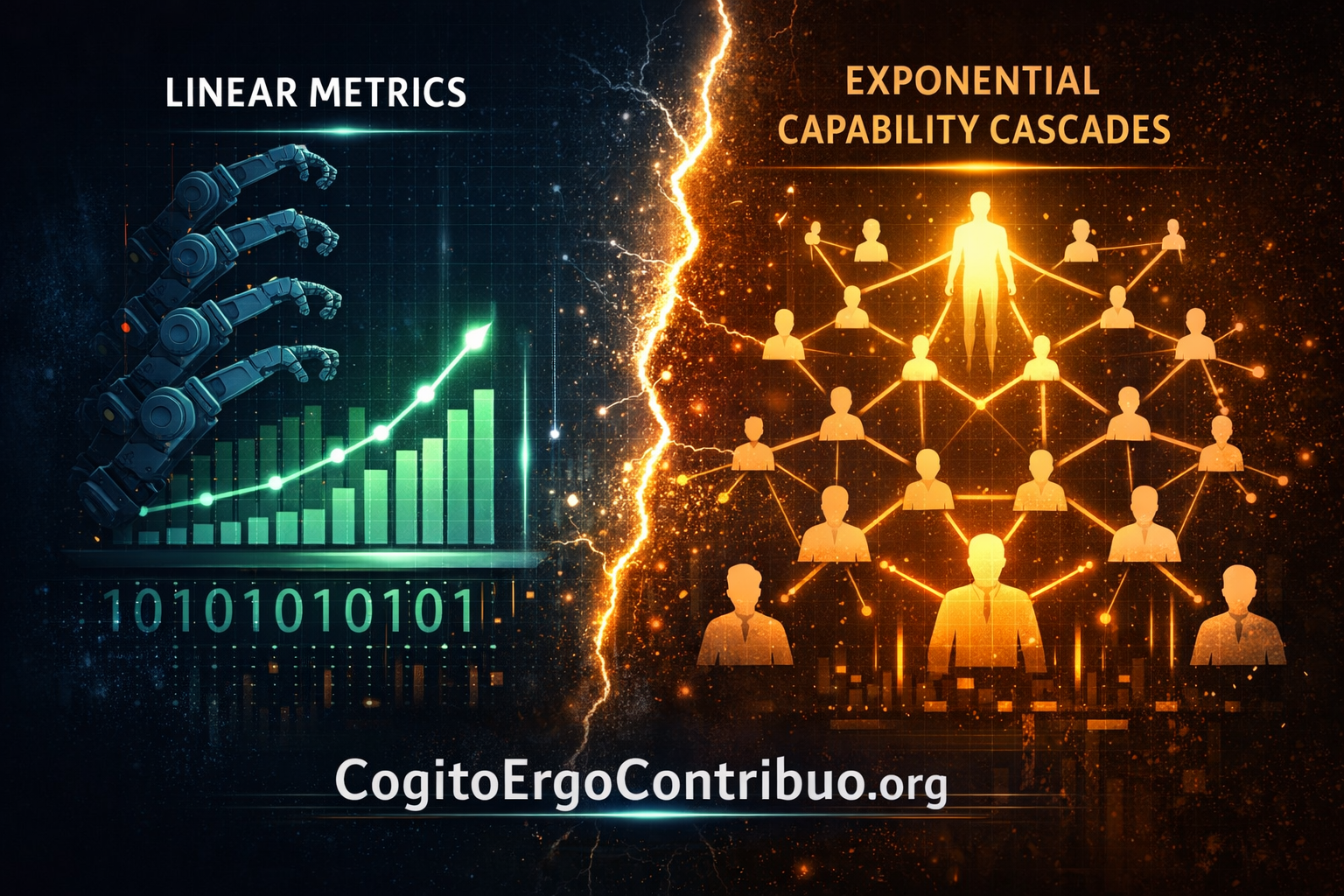 Visual comparison between linear performance metrics and exponential human capability cascades across teams
