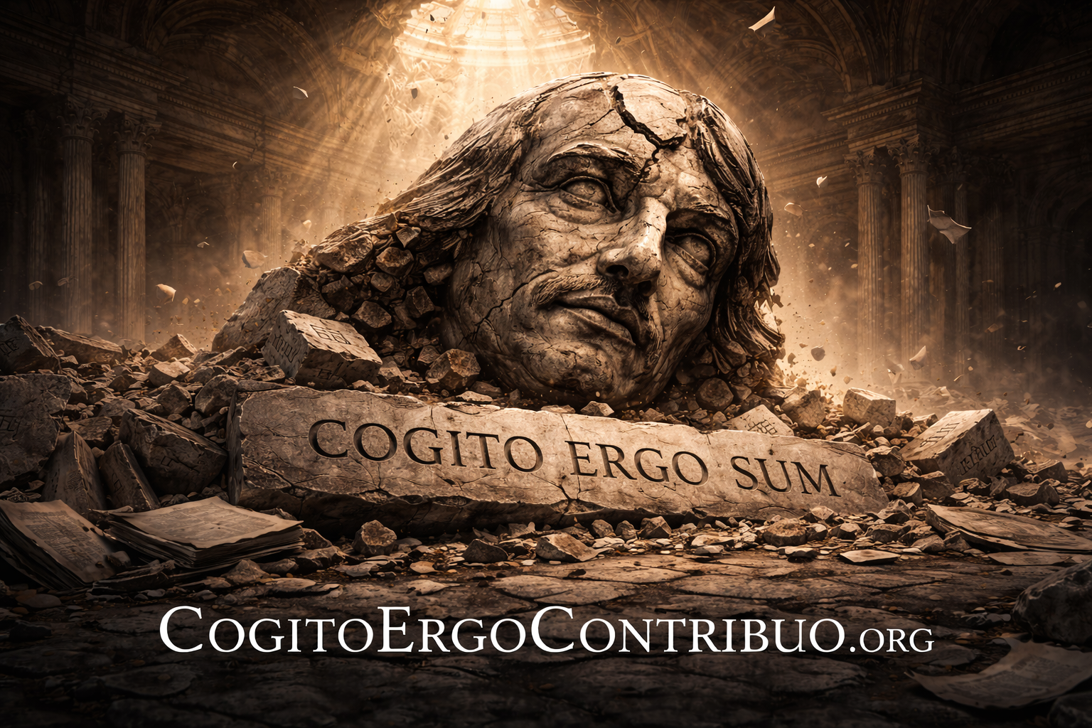 Fallen monument of Descartes inscribed with COGITO ERGO SUM in classical architectural ruins, symbolizing the quiet expiration of the 387-year-old assumption that thinking behavior implies thinking beings—a technological circumstance change, not philosophical failure