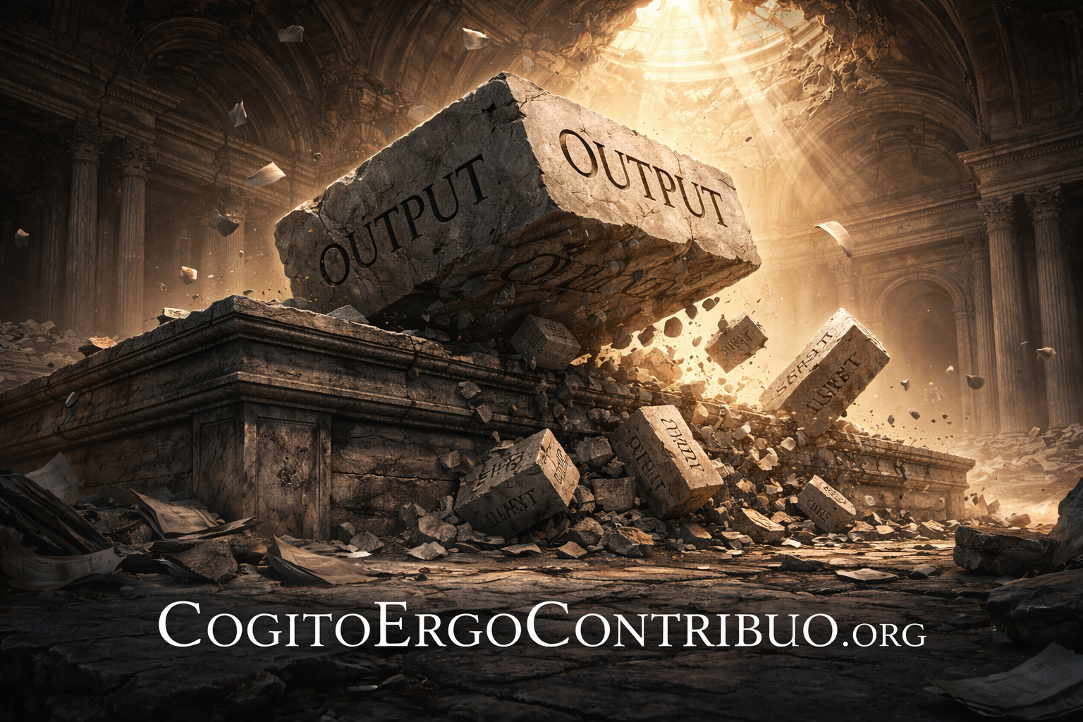 assive stone block labeled OUTPUT suspended above collapsed institutional foundations marked CREDENTIALS, PROOF, MERIT, EVIDENCE, SKILL, and TRUST in classical architecture setting, illustrating the verification crisis where output no longer proves internal capability