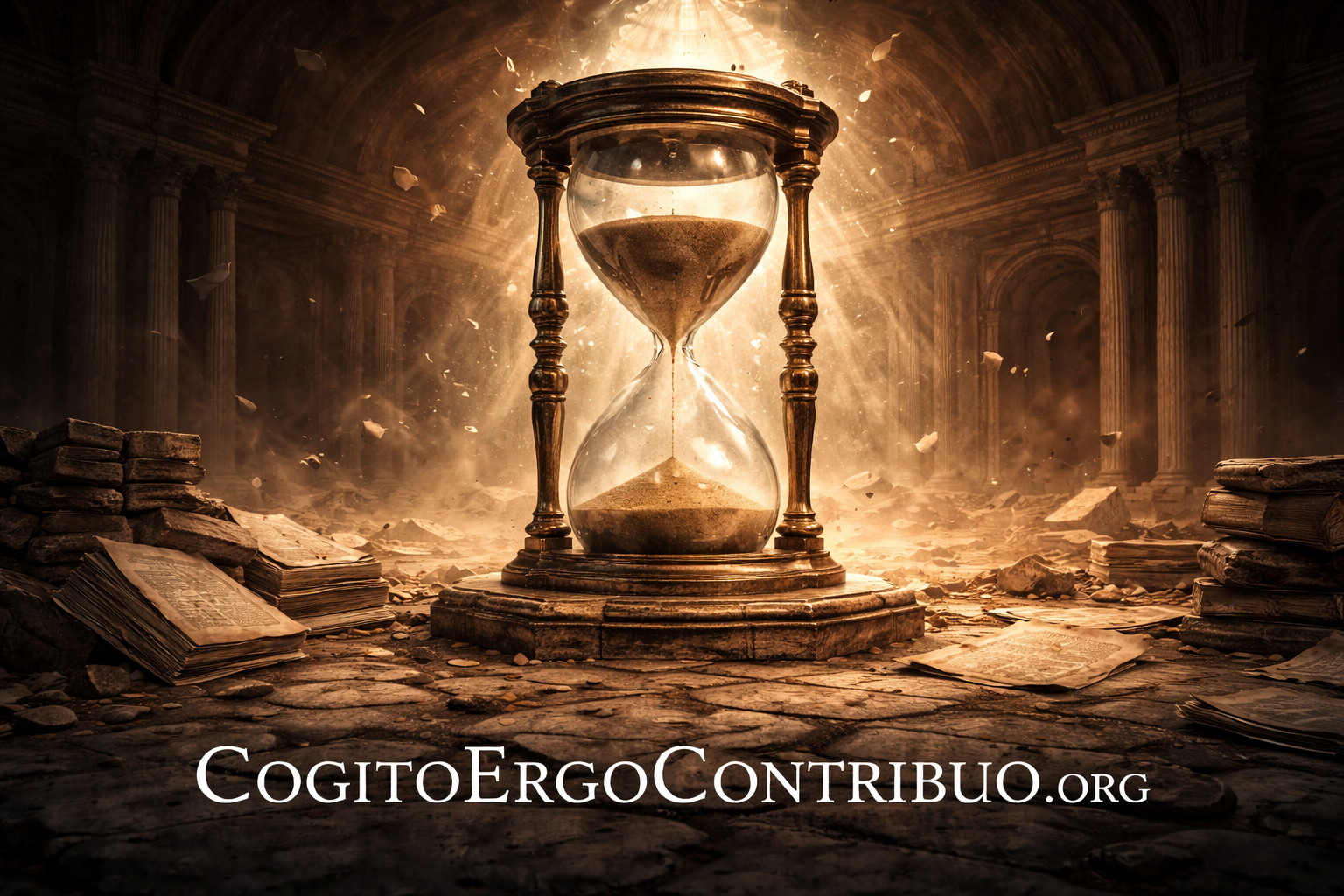 Ancient hourglass standing intact in classical architectural ruins surrounded by scattered documents and books, symbolizing temporal verification as the only unfakeable dimension when all behavioral evidence has collapsed—time reveals what persists when assistance is removed and optimization pressure is gone