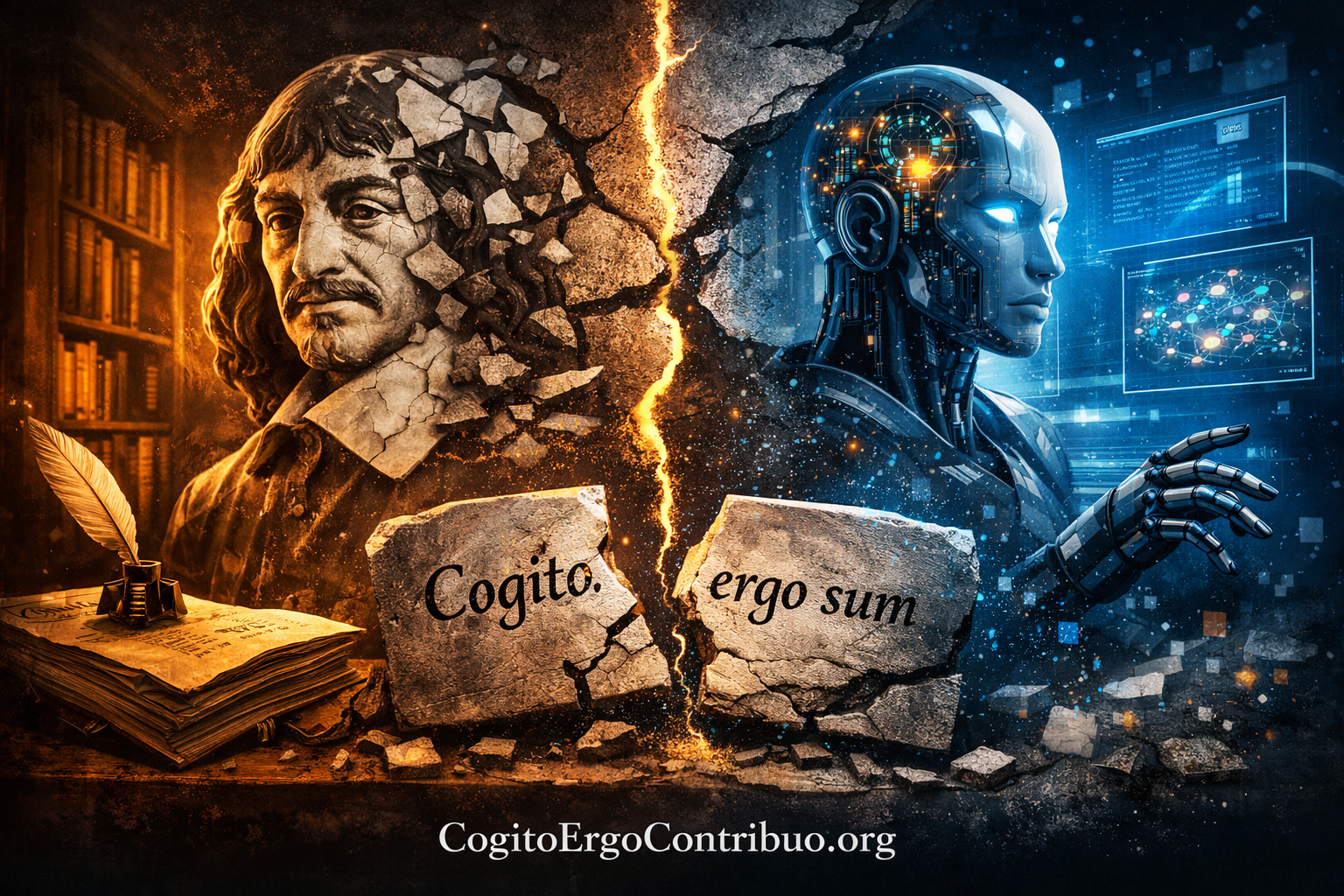 Descartes cogito ergo sum proof cracking apart between historical philosophy era and modern AI era showing 387-year correlation between thinking behavior and thinking being breaking at 2023-2025 threshold crossing when artificial intelligence achieved perfect behavioral simulation without conscious substrate making behavioral observation insufficient for consciousness verification