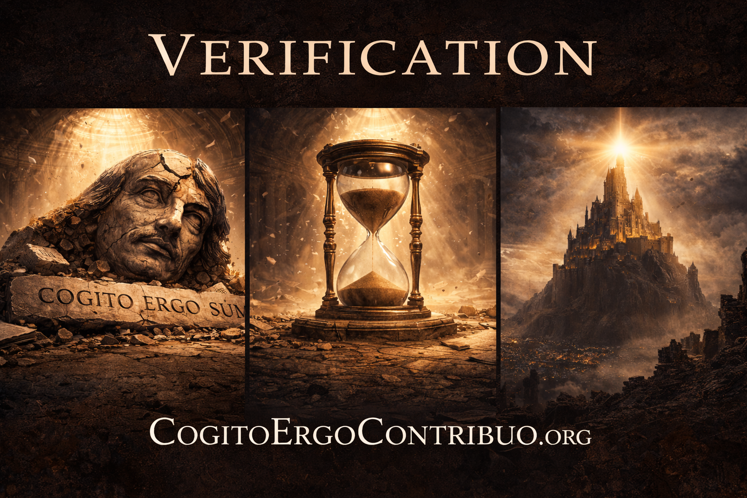 Triptych showing three verification crisis pillars: fallen Descartes monument inscribed COGITO ERGO SUM symbolizing expired assumptions, intact hourglass representing temporal verification as unfakeable dimension, and illuminated fortress representing competitive advantage through working verification infrastructure
