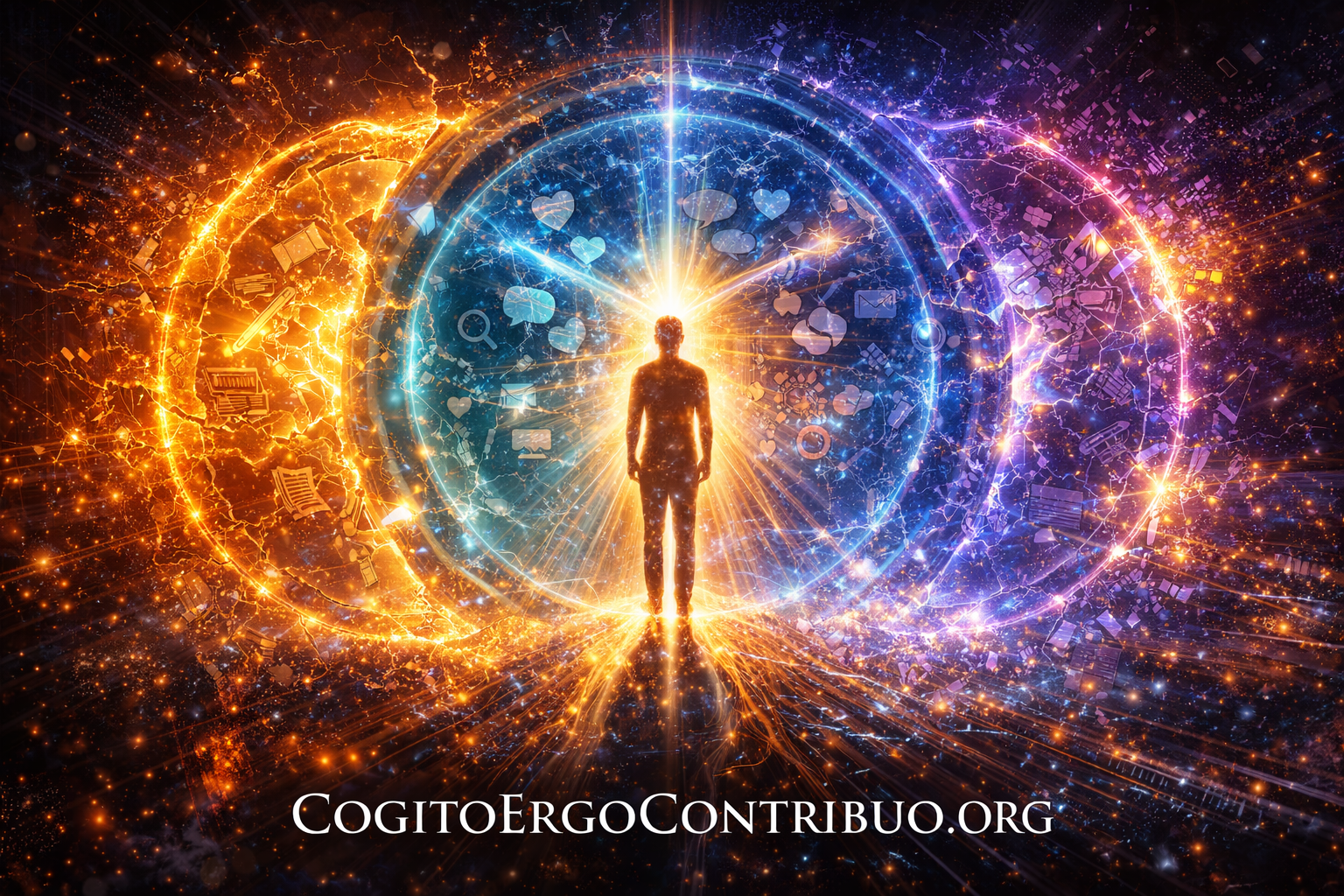 Human figure surrounded by three shattering layers representing Web1 authorship, Web2 behavior, and Web3 cryptographic identity as Web4 emerges