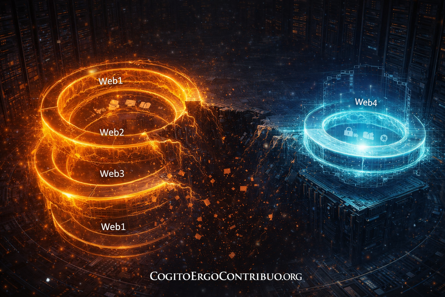 Web infrastructure eras showing Web1-3 in circular concentric rings sharing inherited behavioral verification assumptions (orange, burning, looping back to Web1 at bottom creating unsustainable trap), separated by impassable dark chasm from isolated Web4 rings (cyan, pristine) standing on separate foundations—first epoch unable to inherit from predecessors